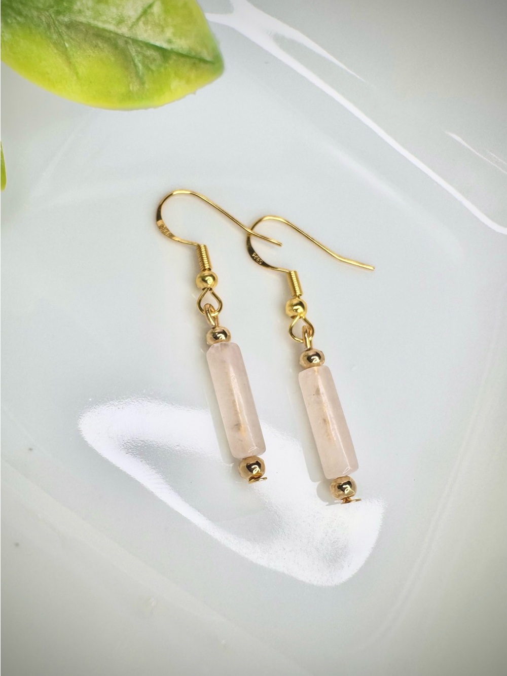 Rose Quartz Dangle Earrings with Gold Tone 925 Sterling Silver Hooks